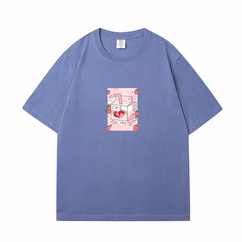 Kawaii Strawbery Milk Box Loose Cotton T-Shirts