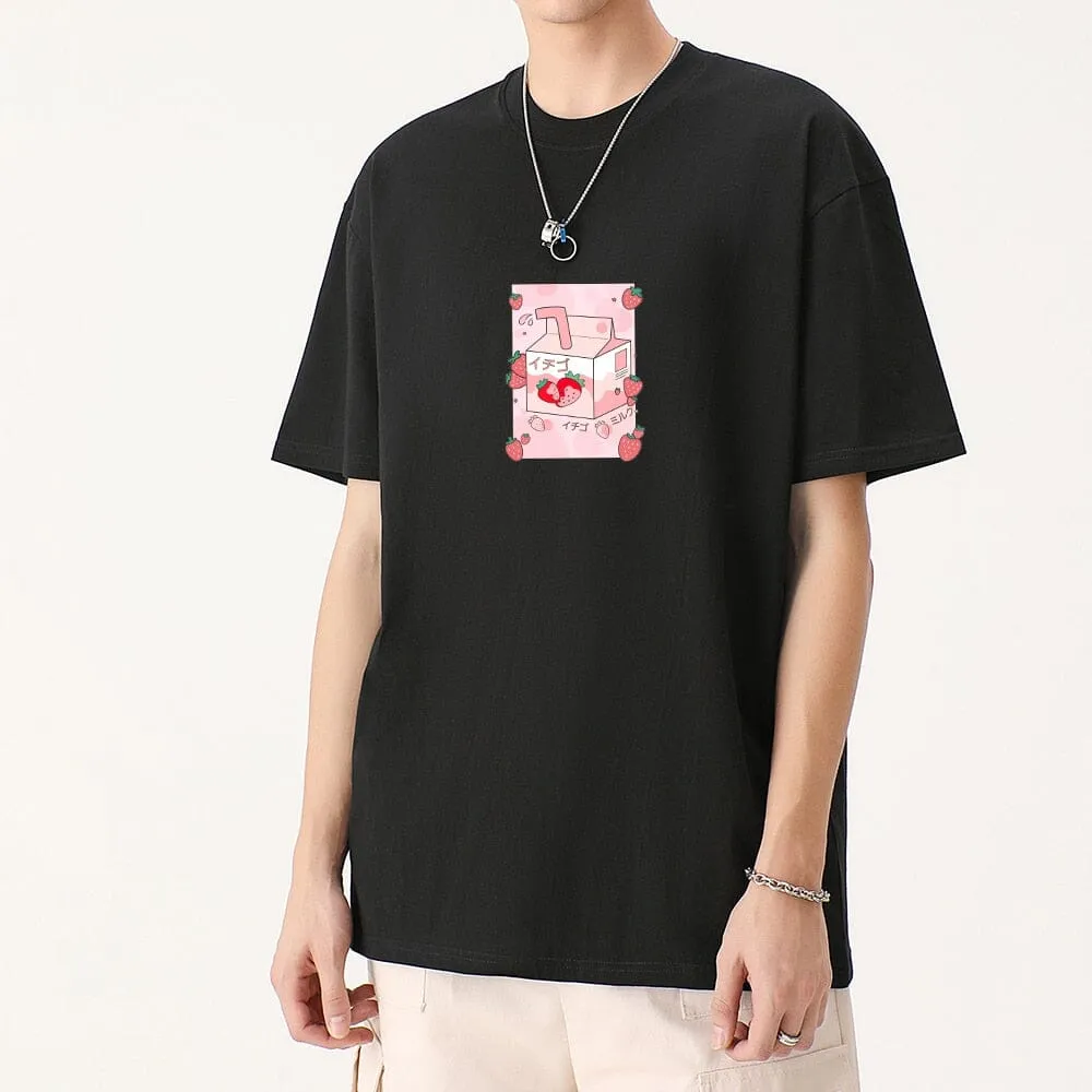 Kawaii Strawbery Milk Box Loose Cotton T-Shirts