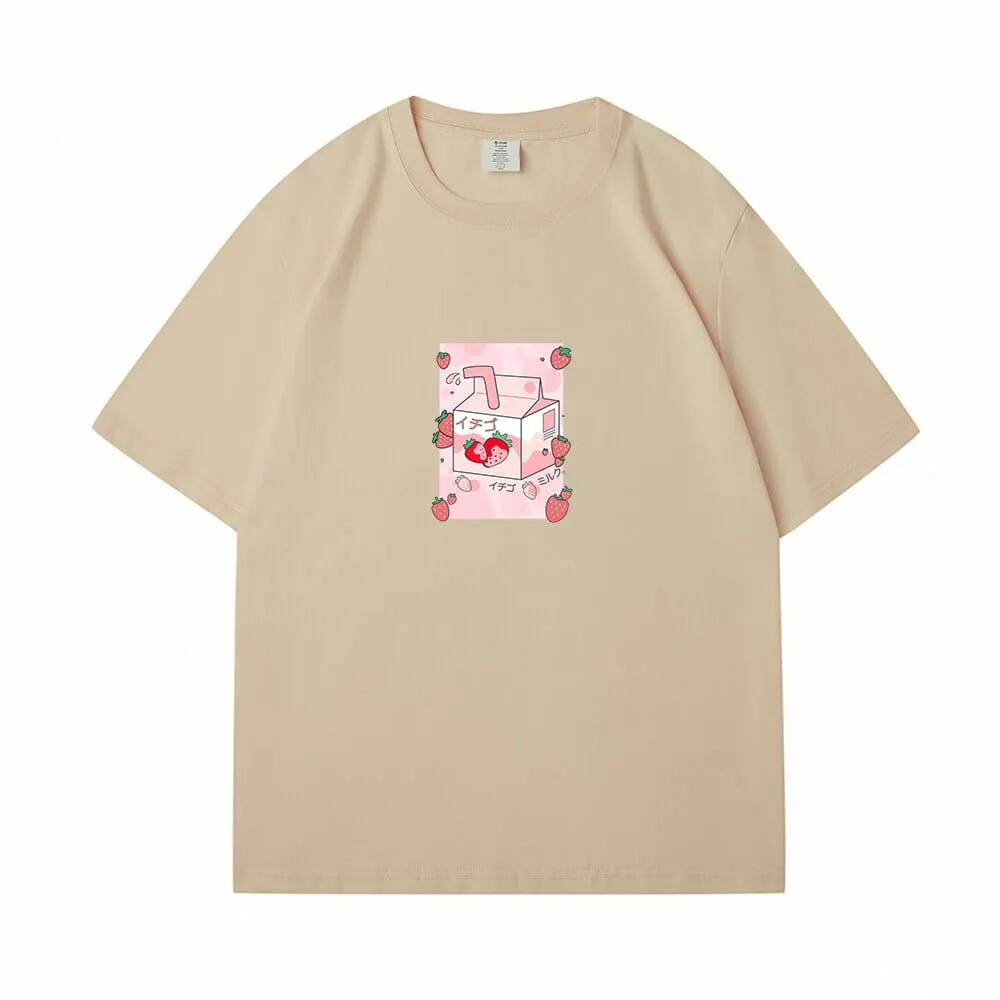 Kawaii Strawbery Milk Box Loose Cotton T-Shirts