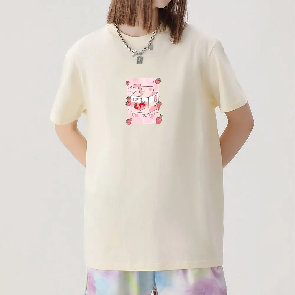 Kawaii Strawbery Milk Box Loose Cotton T-Shirts