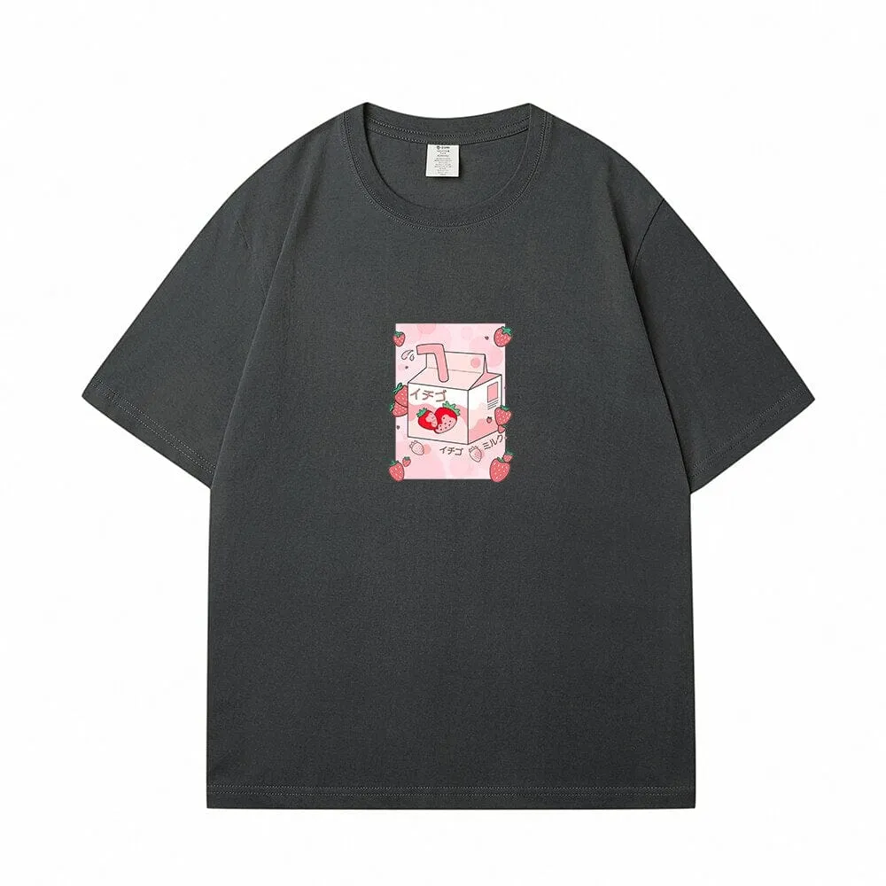 Kawaii Strawbery Milk Box Loose Cotton T-Shirts