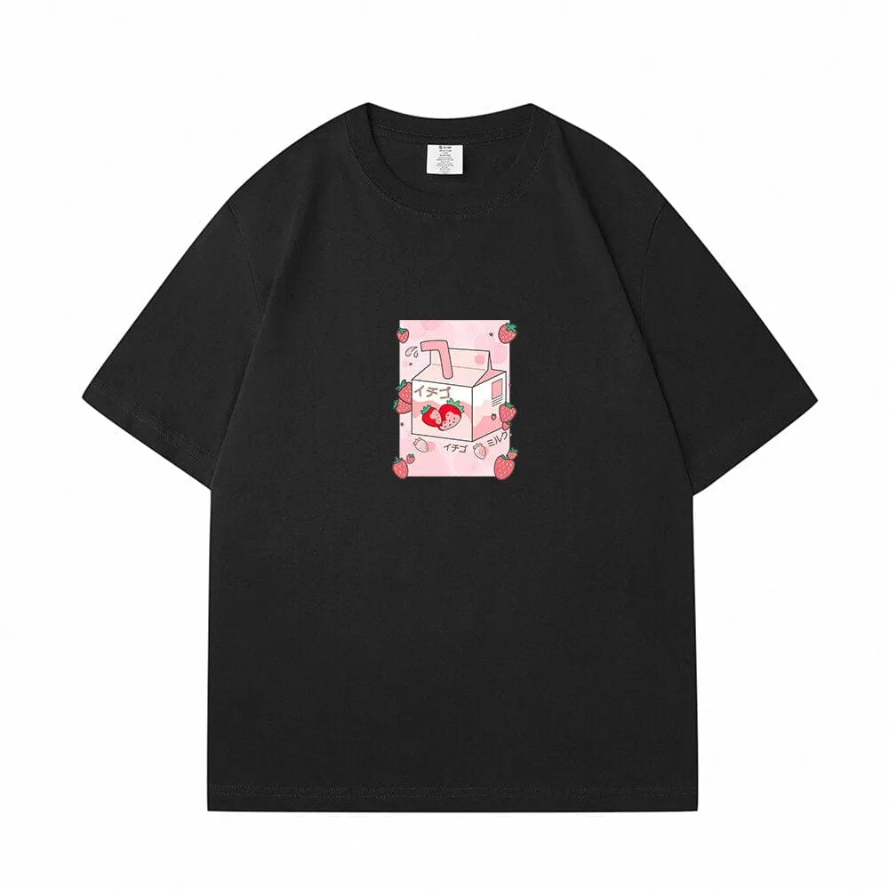 Kawaii Strawbery Milk Box Loose Cotton T-Shirts