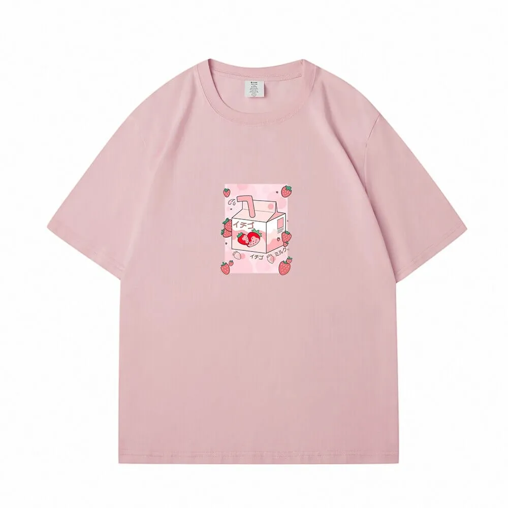 Kawaii Strawbery Milk Box Loose Cotton T-Shirts