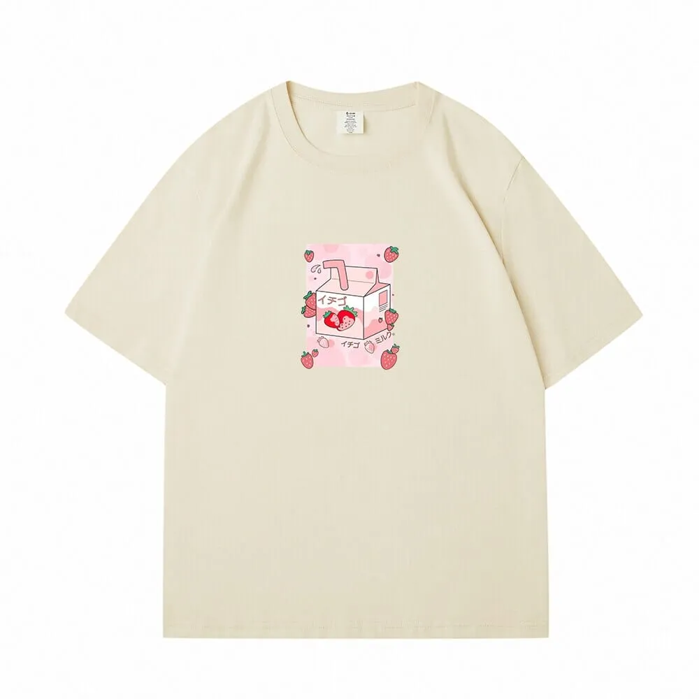 Kawaii Strawbery Milk Box Loose Cotton T-Shirts