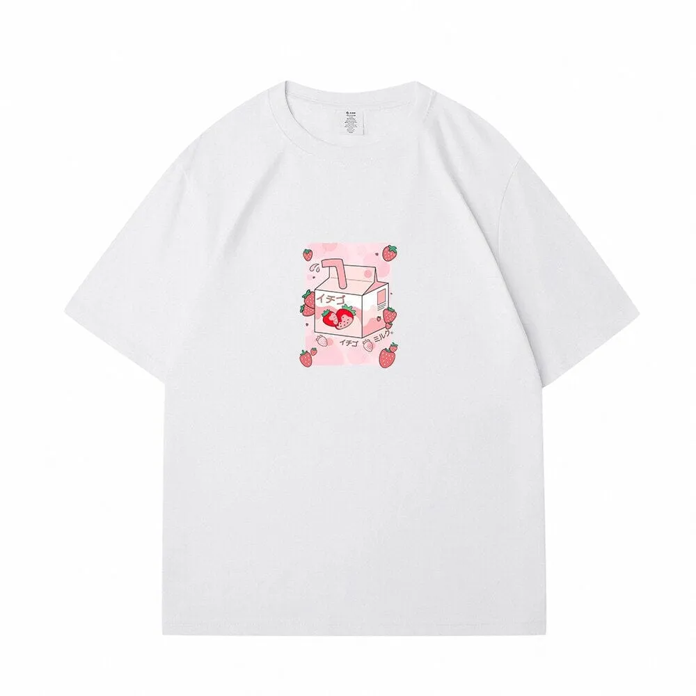 Kawaii Strawbery Milk Box Loose Cotton T-Shirts