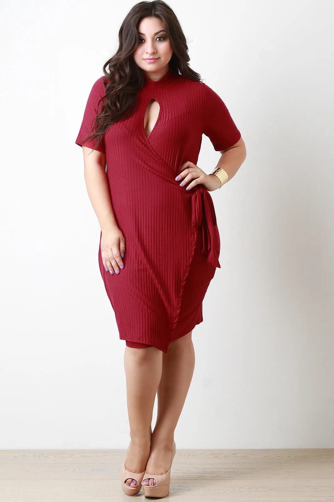 Keyhole Elbow Sleeves Wrap Dress