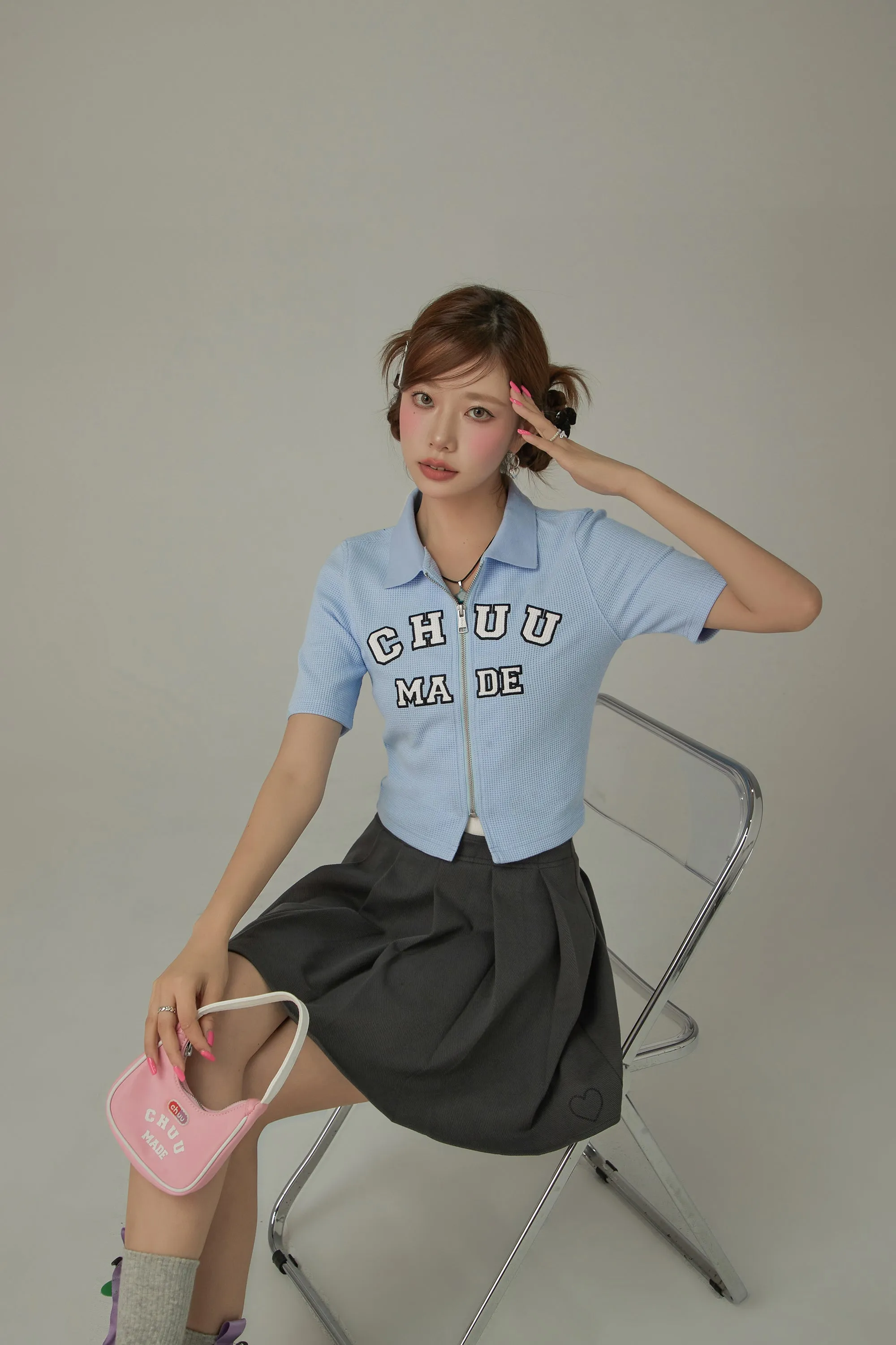 Logo Color Waffle Short Sleeve Zip-Up Top