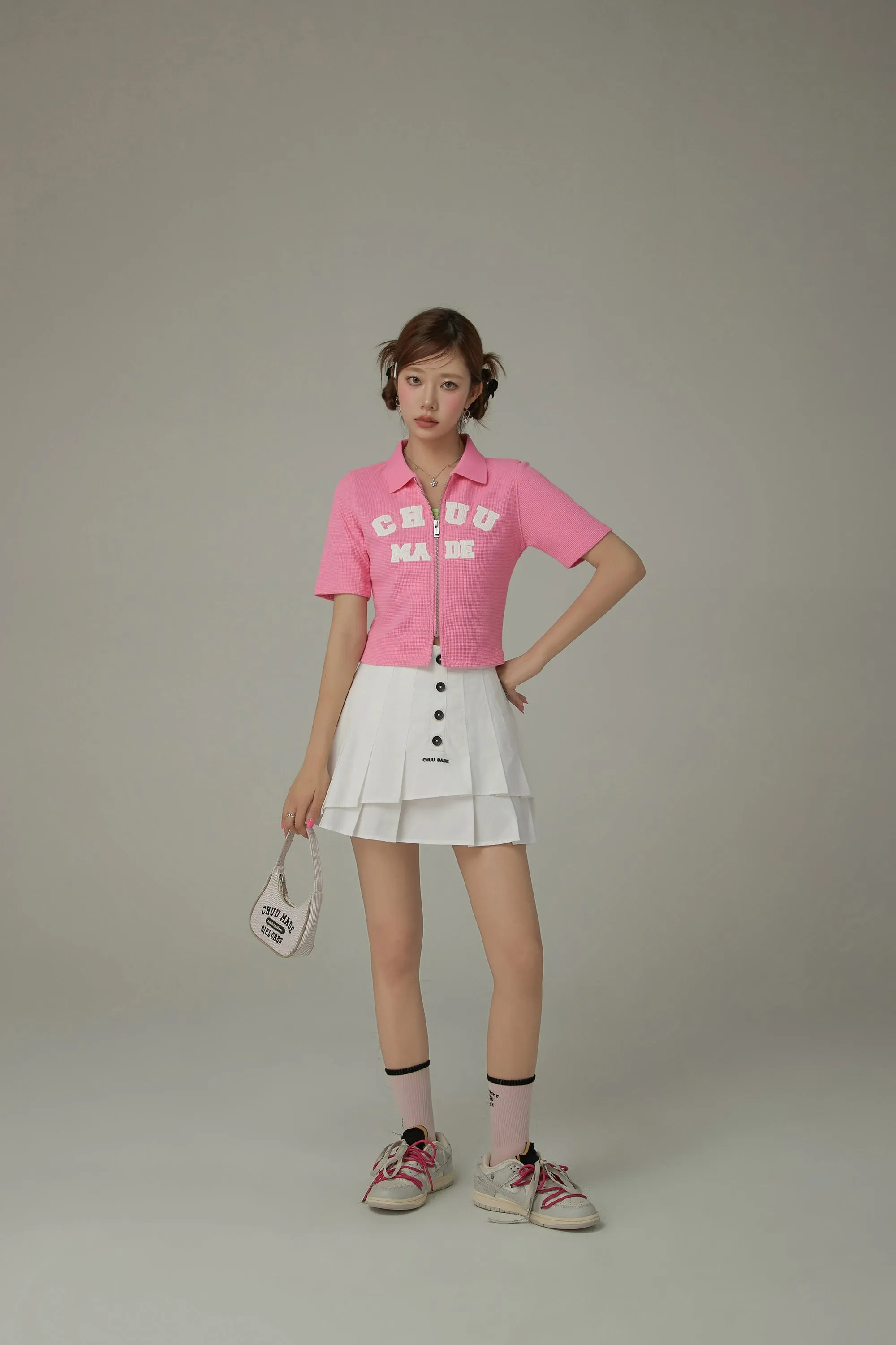 Logo Color Waffle Short Sleeve Zip-Up Top