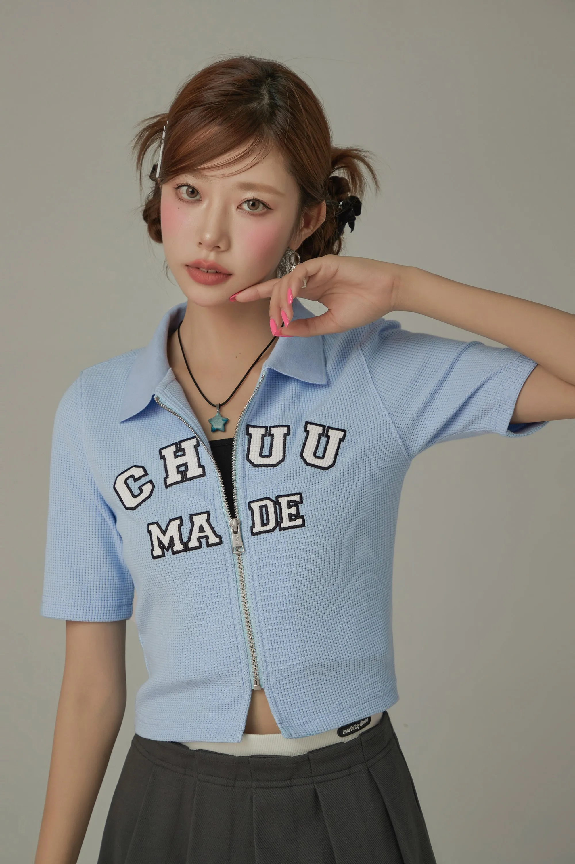 Logo Color Waffle Short Sleeve Zip-Up Top