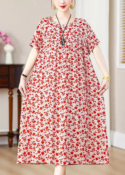 Loose Red Print Pockets Cotton Long Dresses Summer QE019