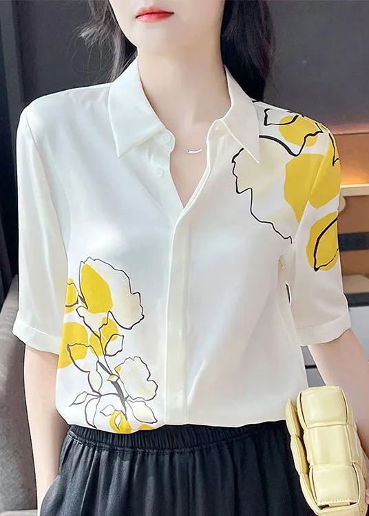 Loose White Peter Pan Collar Print Button Silk Shirts Short Sleeve LY0409