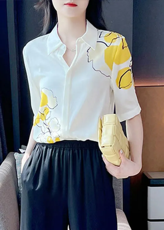 Loose White Peter Pan Collar Print Button Silk Shirts Short Sleeve LY0409