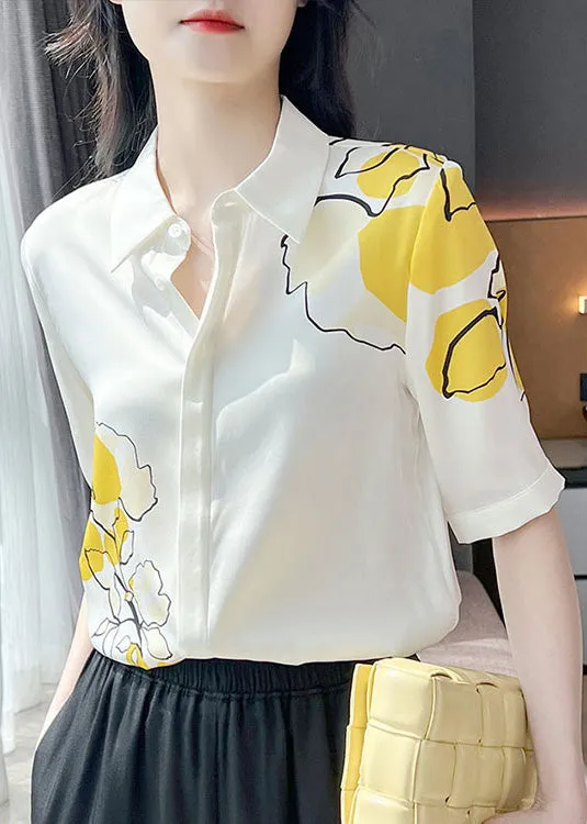 Loose White Peter Pan Collar Print Button Silk Shirts Short Sleeve LY0409