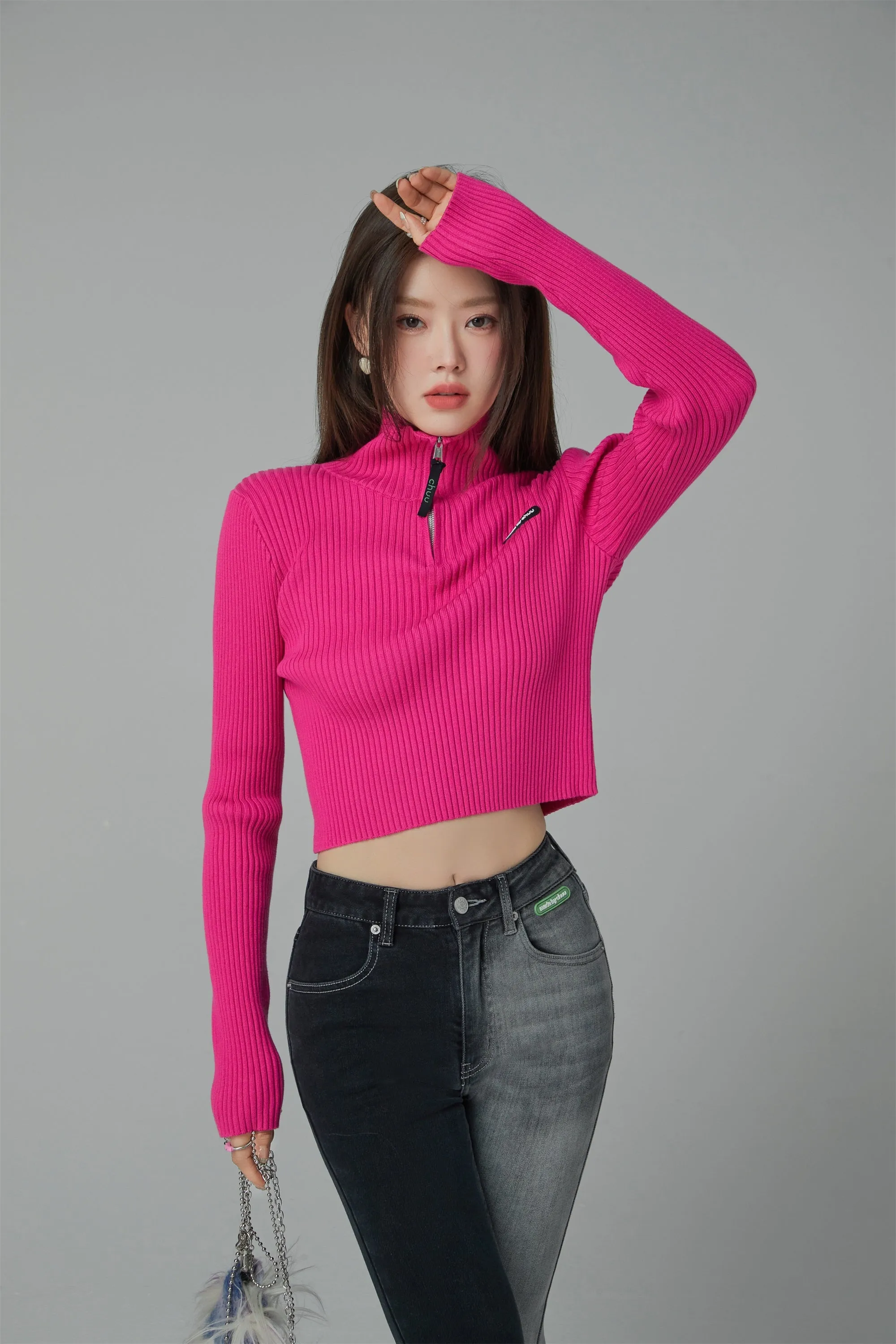 Memories Slit Half Zip-Up Cropped Knit Top