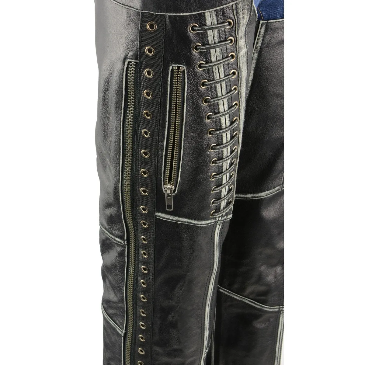 Milwaukee Leather Premium Black Leather Motorcycle Chaps for Women w/ Rubbed Seams-Lace Detail MLL6526