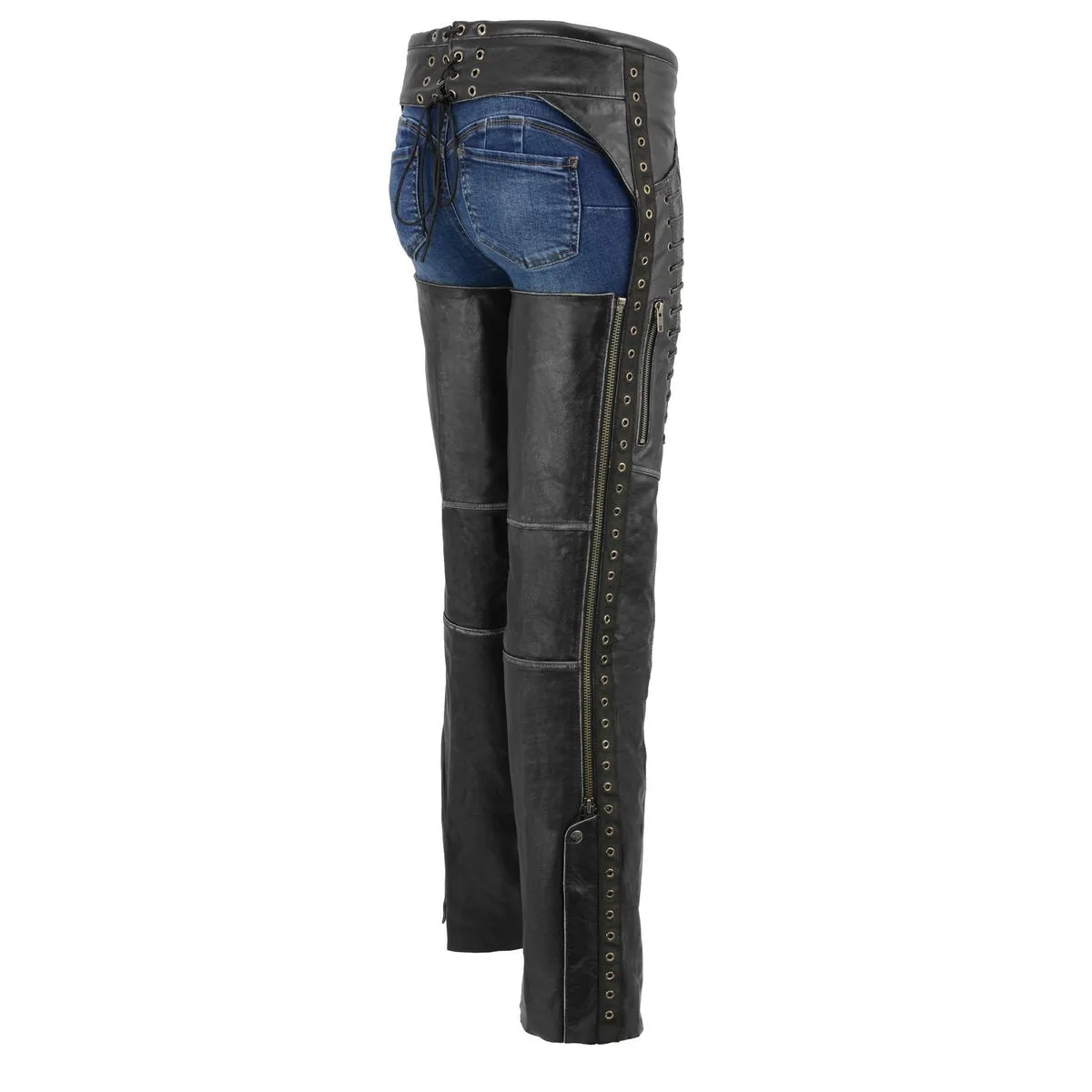 Milwaukee Leather Premium Black Leather Motorcycle Chaps for Women w/ Rubbed Seams-Lace Detail MLL6526