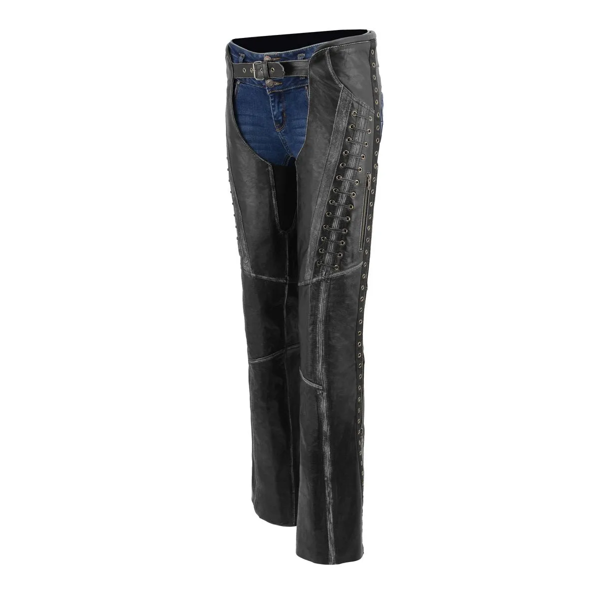 Milwaukee Leather Premium Black Leather Motorcycle Chaps for Women w/ Rubbed Seams-Lace Detail MLL6526