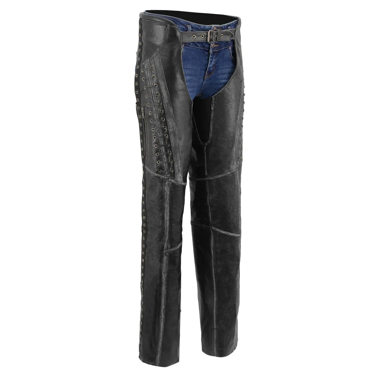 Milwaukee Leather Premium Black Leather Motorcycle Chaps for Women w/ Rubbed Seams-Lace Detail MLL6526