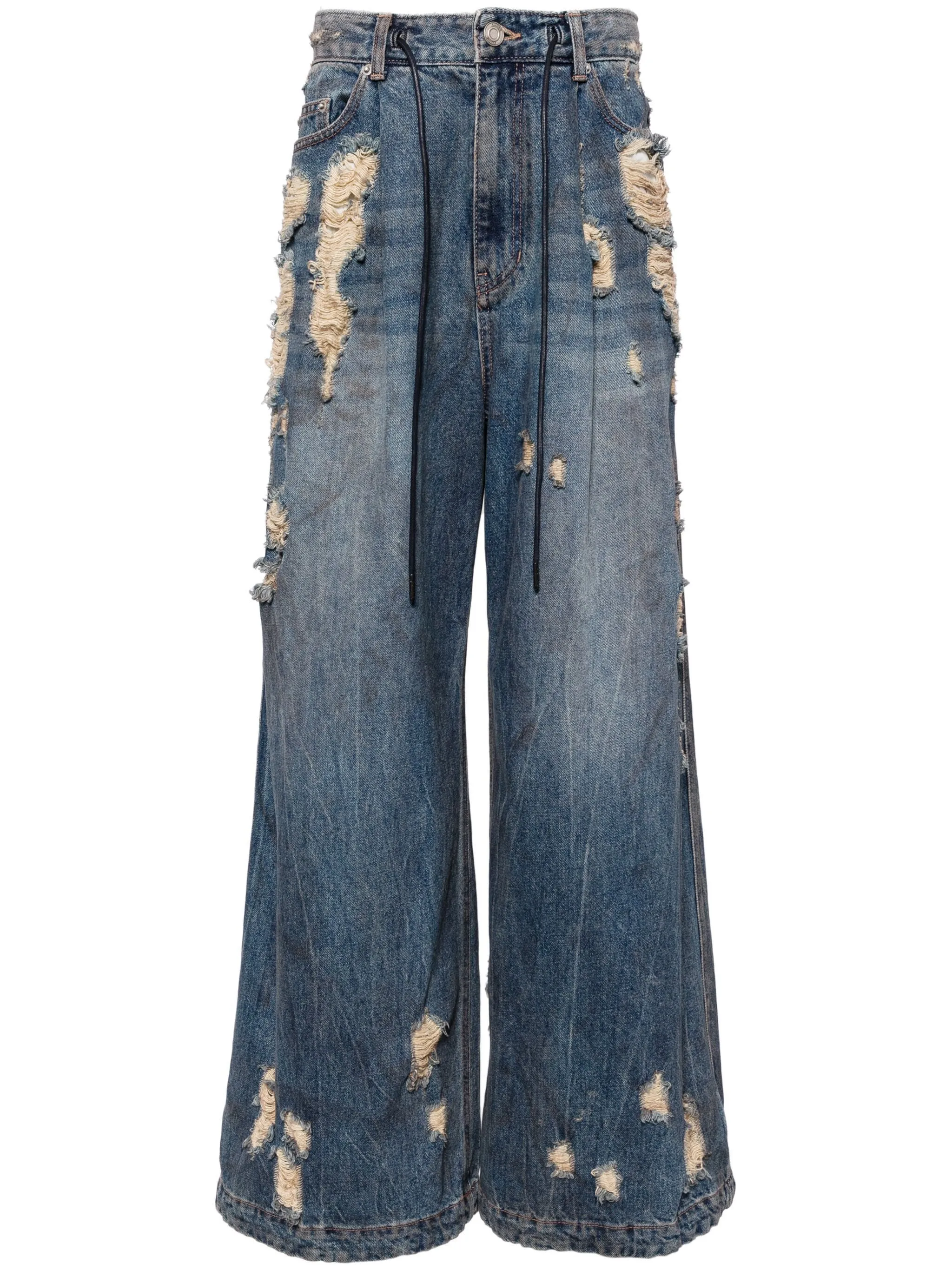 Oil-Washed Distressed Wide Denim Pants