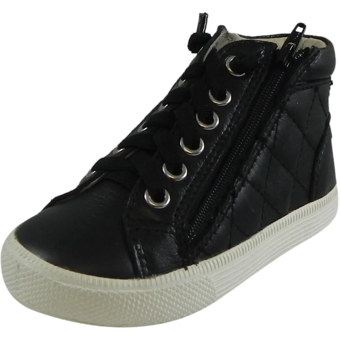 Old Soles Girl's Eazy Quilt Black Leather Elastic Lace Up Zip Up High Top Sneaker Shoe