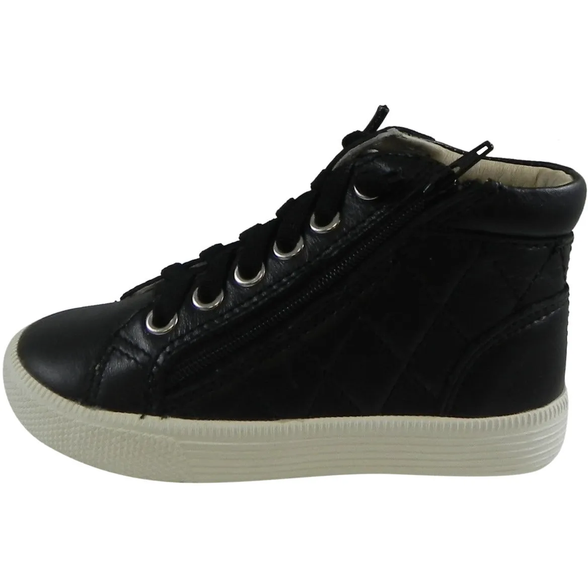 Old Soles Girl's Eazy Quilt Black Leather Elastic Lace Up Zip Up High Top Sneaker Shoe