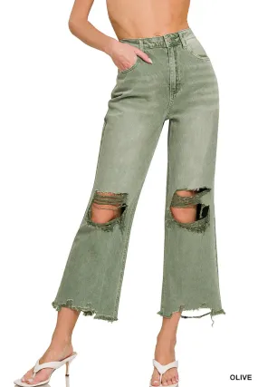 Olive Distressed Crop Hem Straight Jean