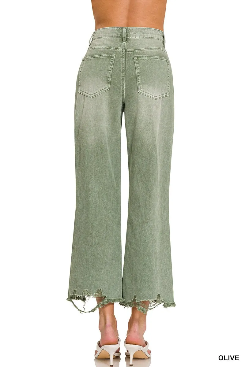 Olive Distressed Crop Hem Straight Jean