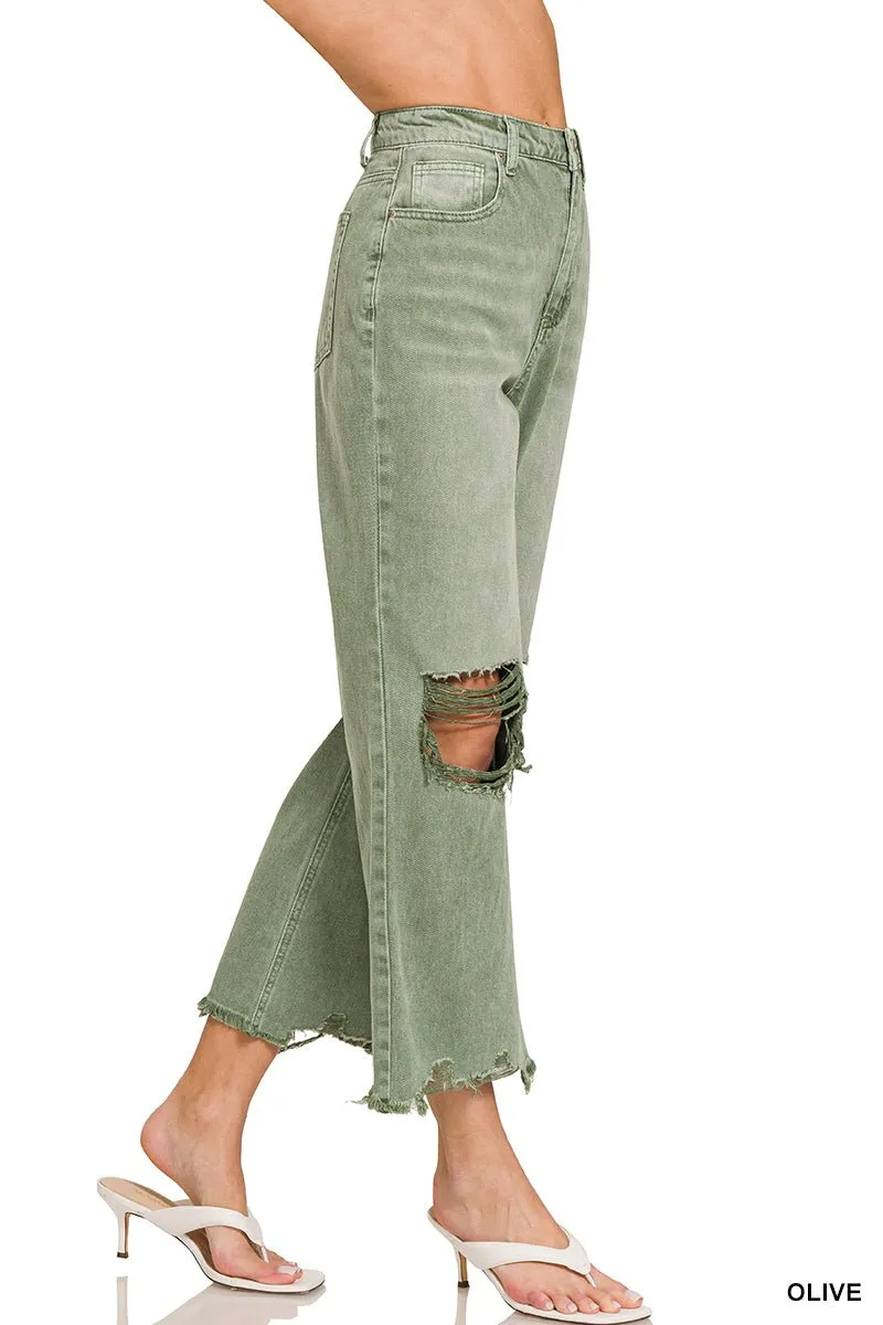 Olive Distressed Crop Hem Straight Jean