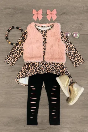 Pink Leopard Distressed Legging & Fur Vest Set