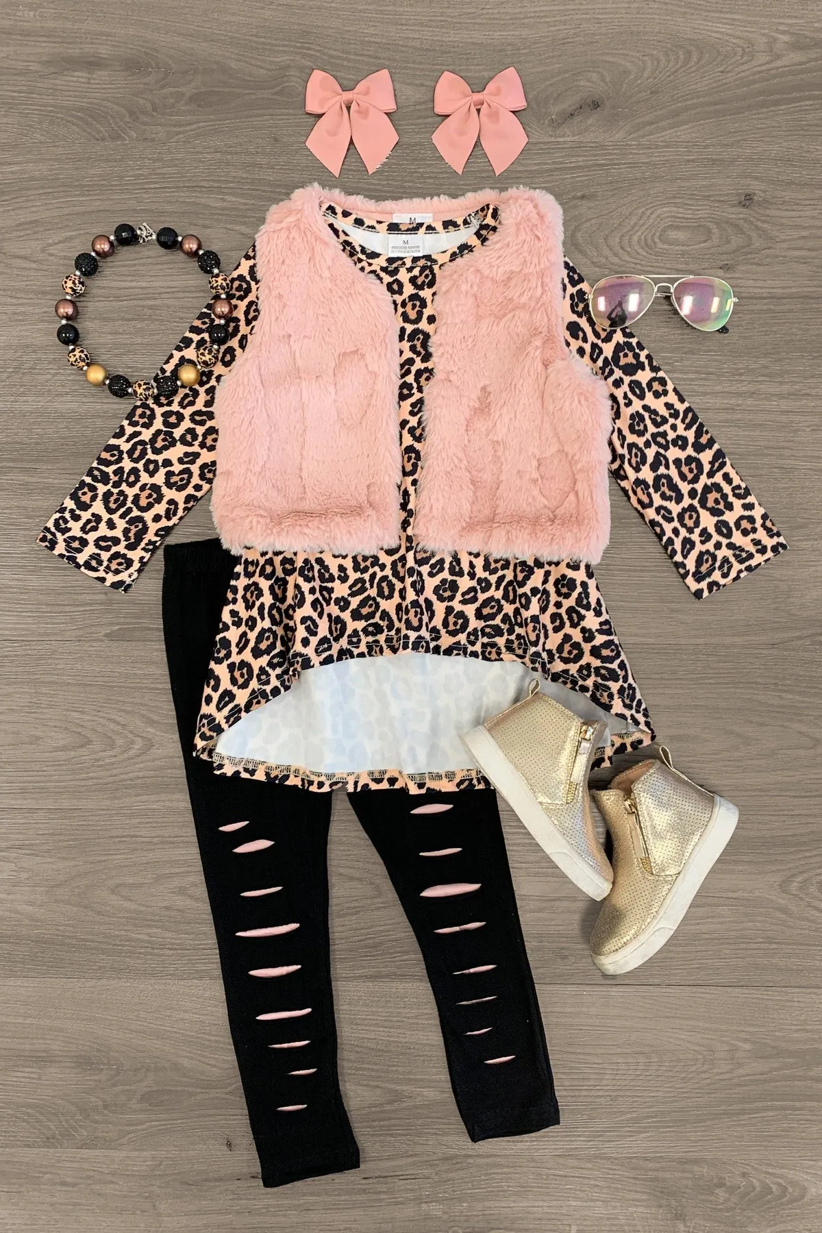 Pink Leopard Distressed Legging & Fur Vest Set