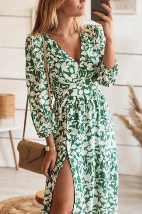 Print Seven Sleeve Slit Wrap Maxi Dress