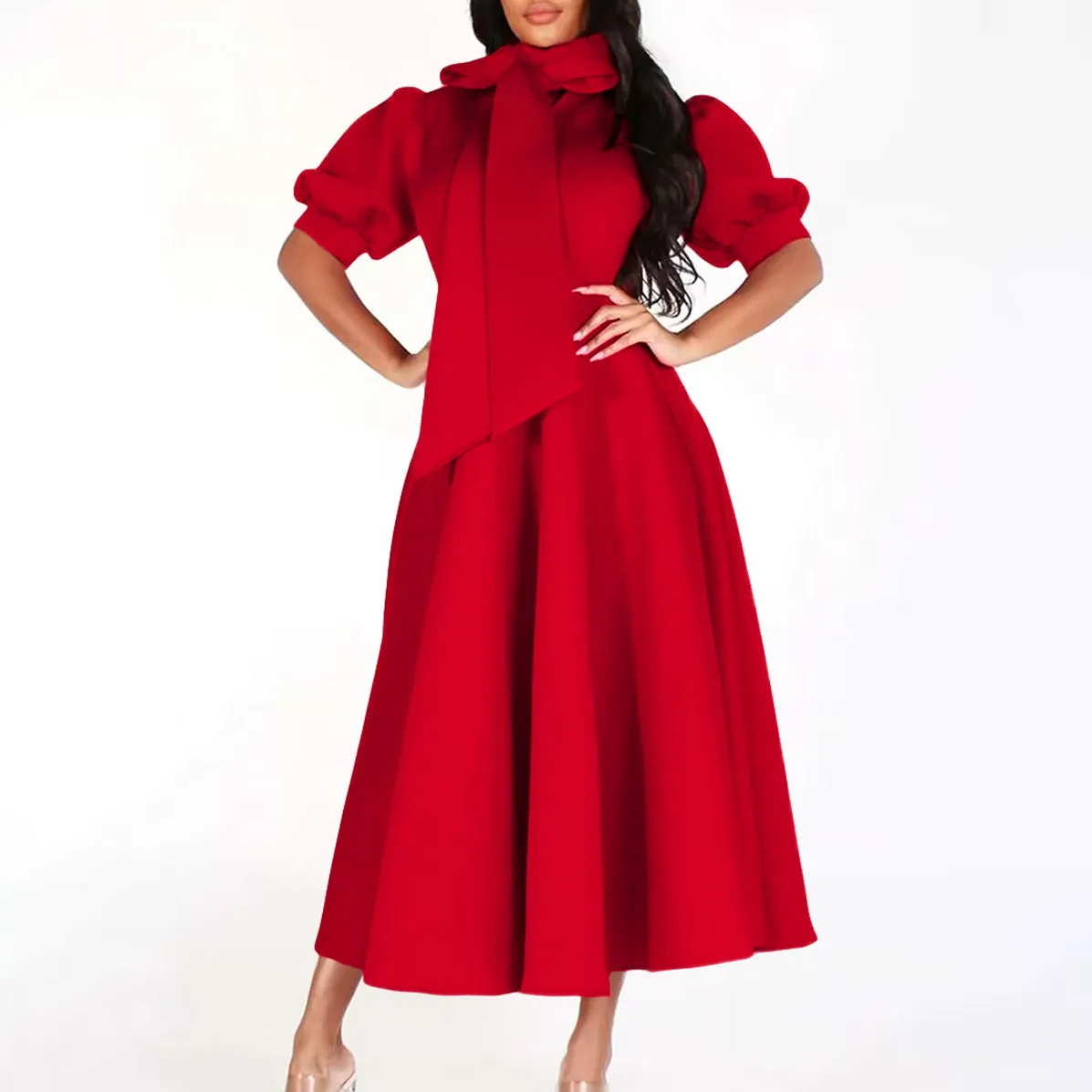 Puff Sleeve Waist Belted Dress Wholesale Womens Clothing N3823112300146