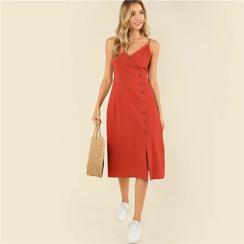 Rust Weekend Casual Backless Spaghetti Strap Sleeveless Buttoned Wrap