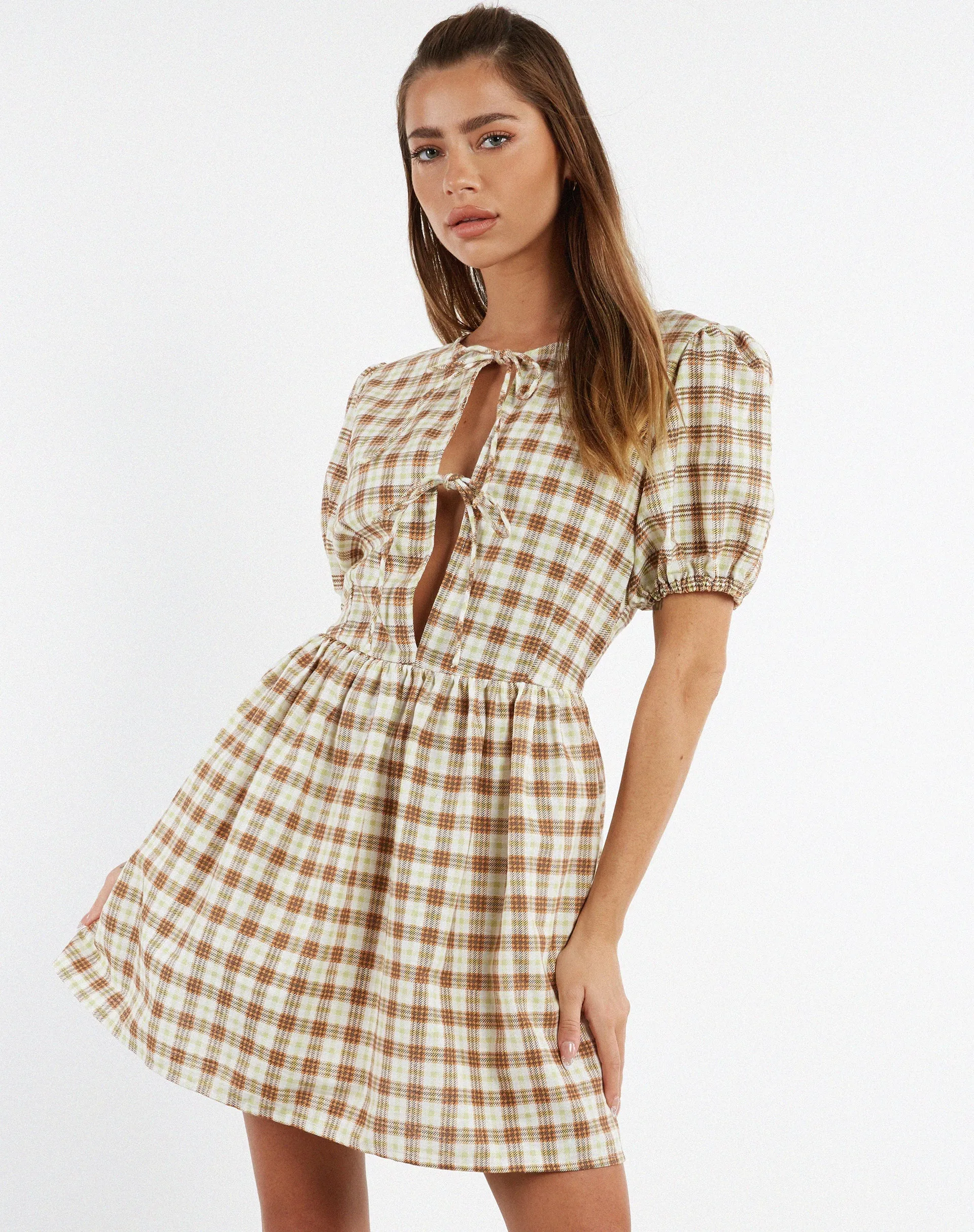 Shirley Mini Dress in Yellow Brown Check