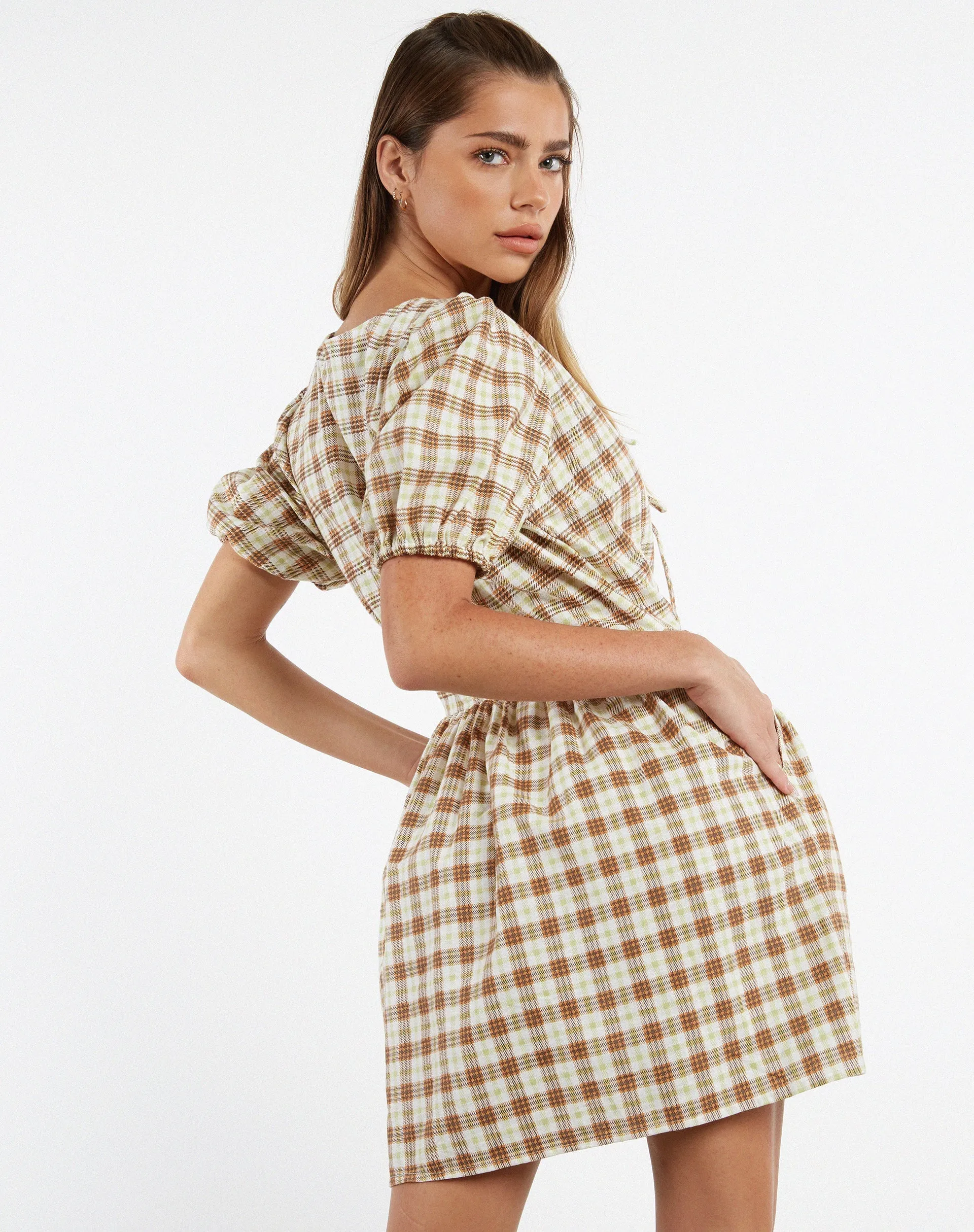 Shirley Mini Dress in Yellow Brown Check