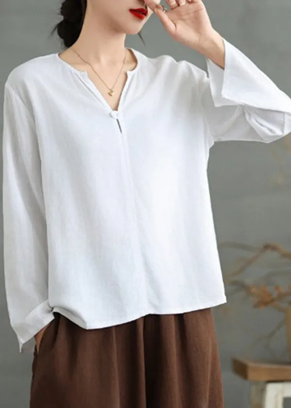 Simple White V Neck Loose Cotton T Shirts Top Fall OO032