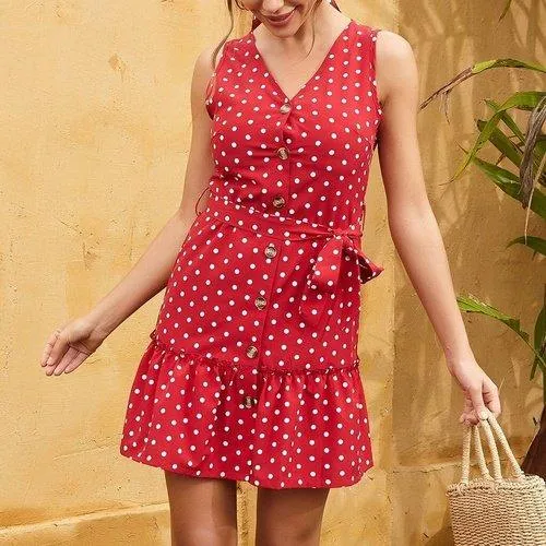 V-Neck Dot Printed Sleeveless Sun Dress