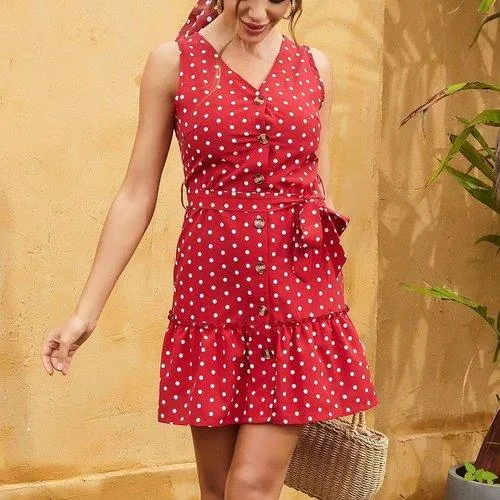 V-Neck Dot Printed Sleeveless Sun Dress