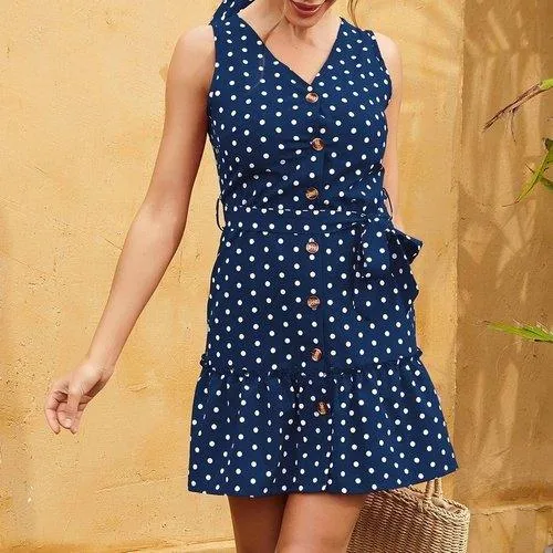 V-Neck Dot Printed Sleeveless Sun Dress