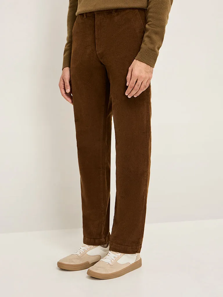 WES Casuals Brown Relaxed-Fit Mid-Rise Cotton-Blend Chinos