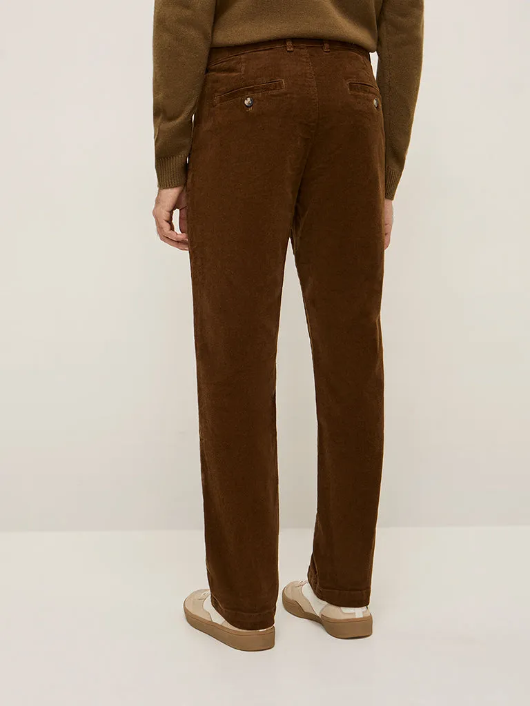 WES Casuals Brown Relaxed-Fit Mid-Rise Cotton-Blend Chinos