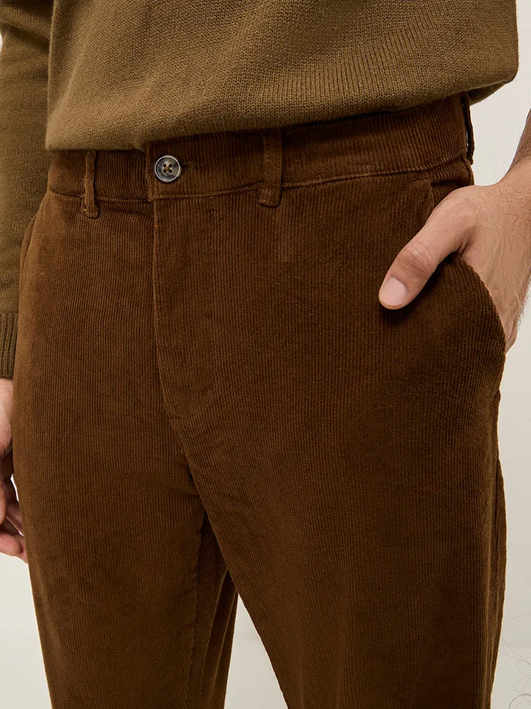 WES Casuals Brown Relaxed-Fit Mid-Rise Cotton-Blend Chinos