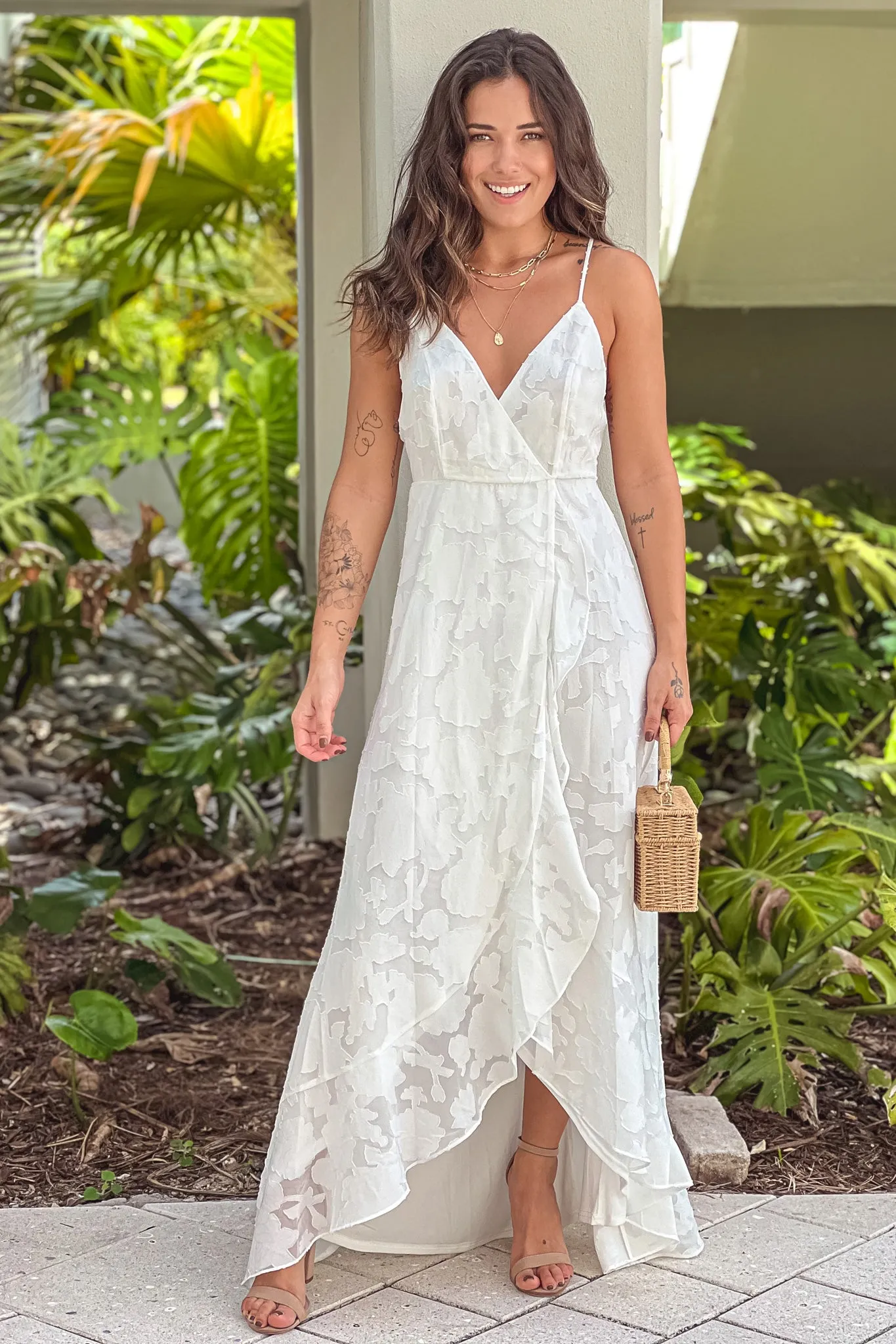 White Floral Ruffle Wrap Dress