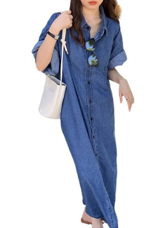 Women Blue Peter Pan Collar Patchwork Denim Shirts Dresses Summer LY1351