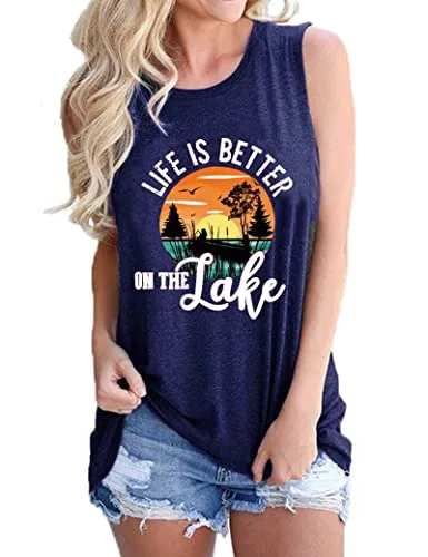 Women Life is Better On The Lake Sleeveless Shirt Lake Life Tank Top for Women